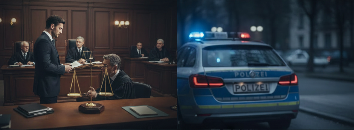 Strafrecht Gerichtsverhandlung mit Anwalt, Richter und Polizei außerhalb des Gebäudes.